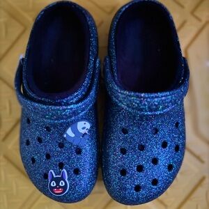 SOLD Sz 7 Blue purple galaxy Glittery Slip-On croc Slippers with fleece & Vent